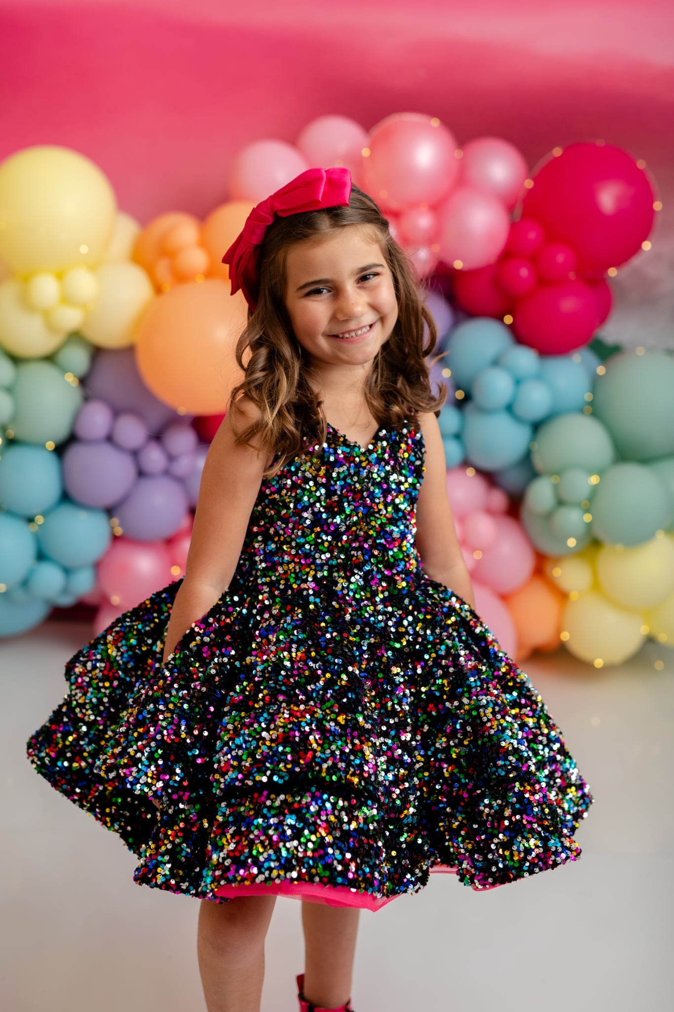 Short petal couture dress in iridescent pastel sequins – elegant handmade gown for little girls