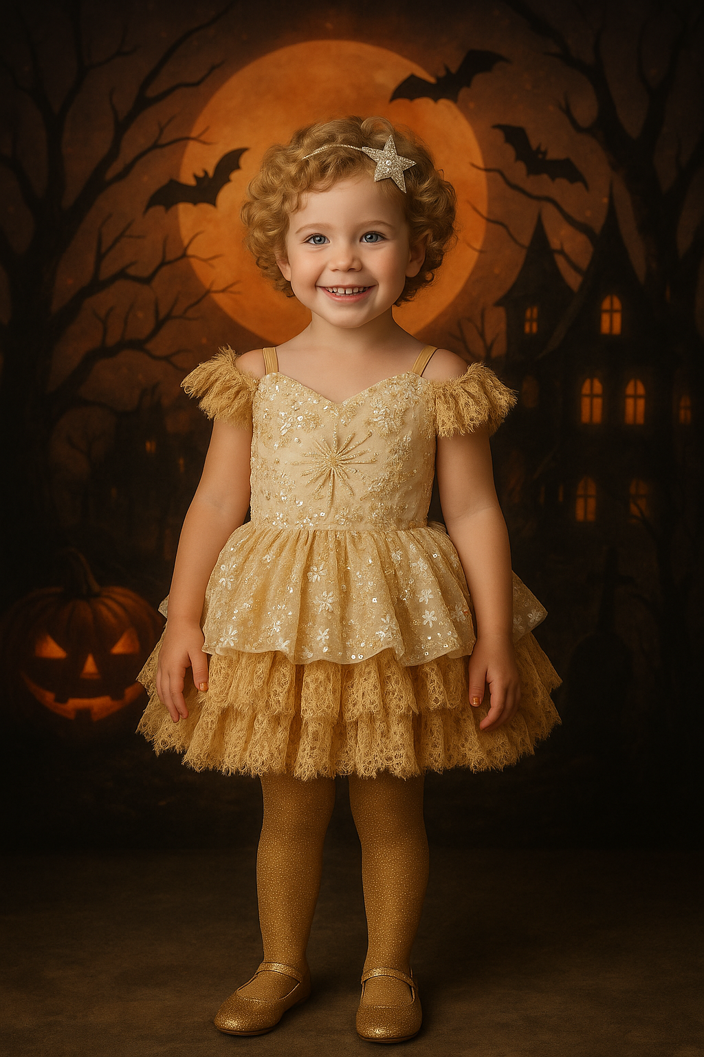 Young girl in a yellow dress standing in front of a Halloween-themed backdrop with pumpkins and bats.