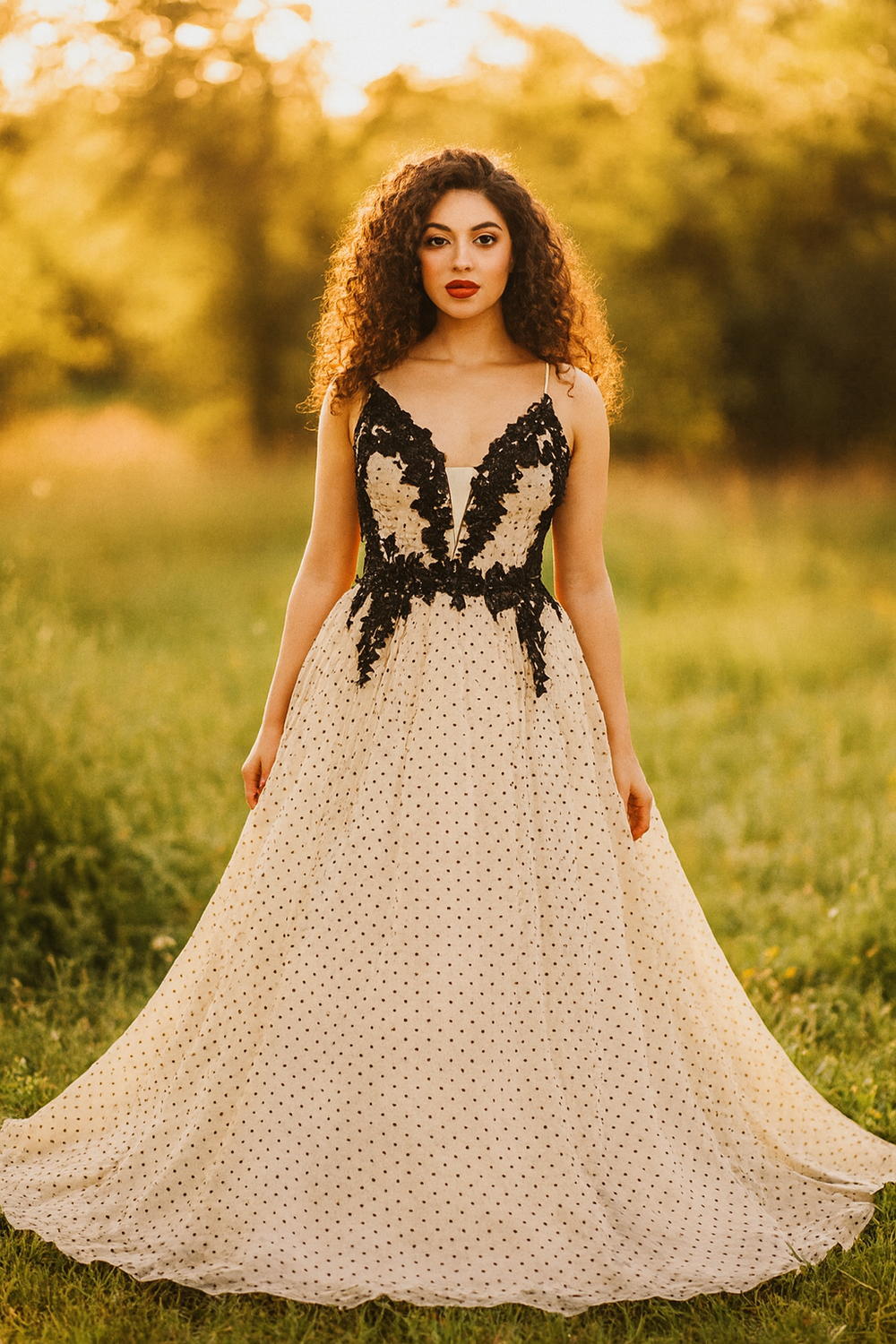 Woman in a black and white dress standing in a field with a blurred background