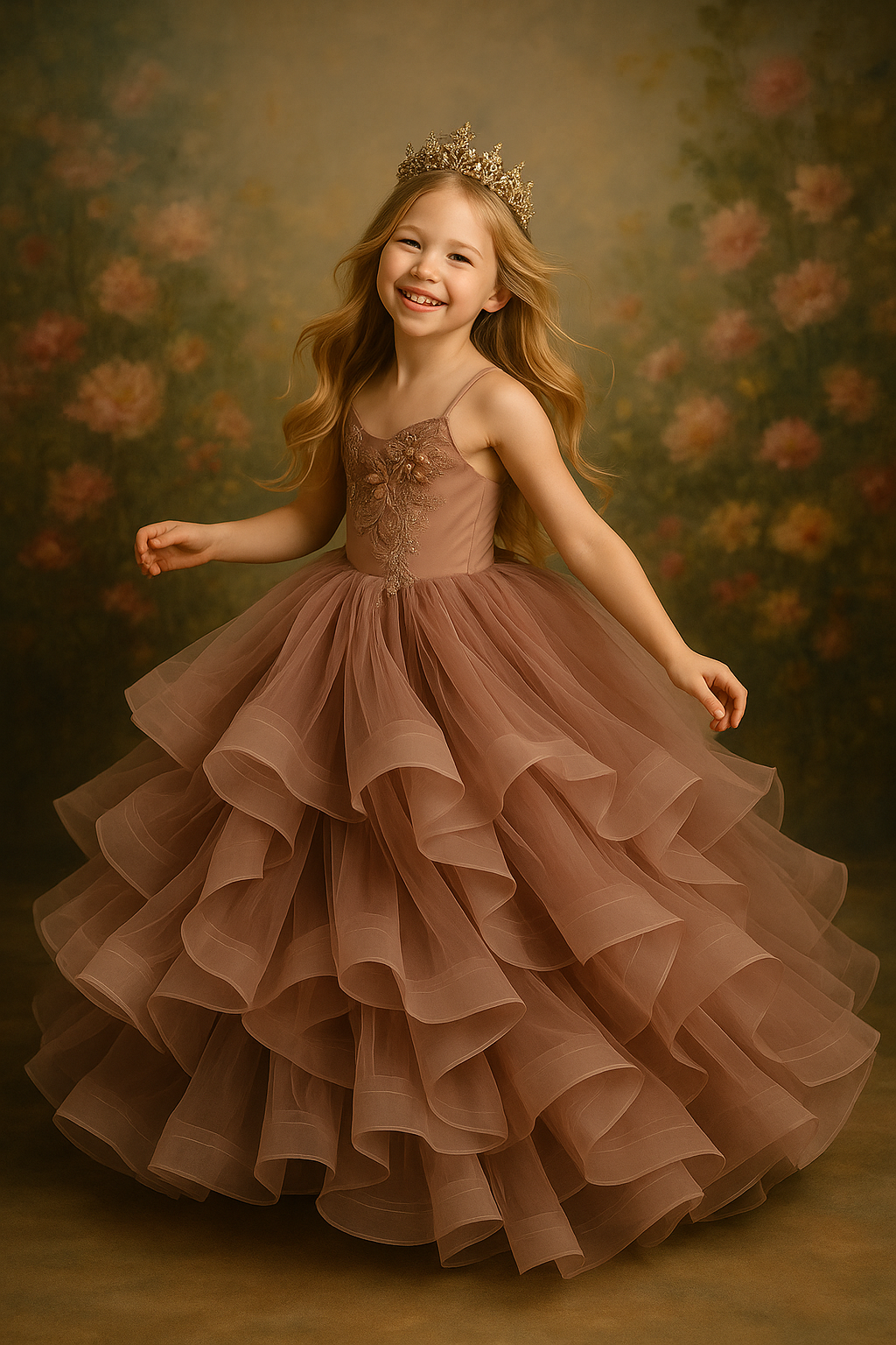 Young girl in a brown dress with a floral bodice and ruffled skirt, standing against a floral background.