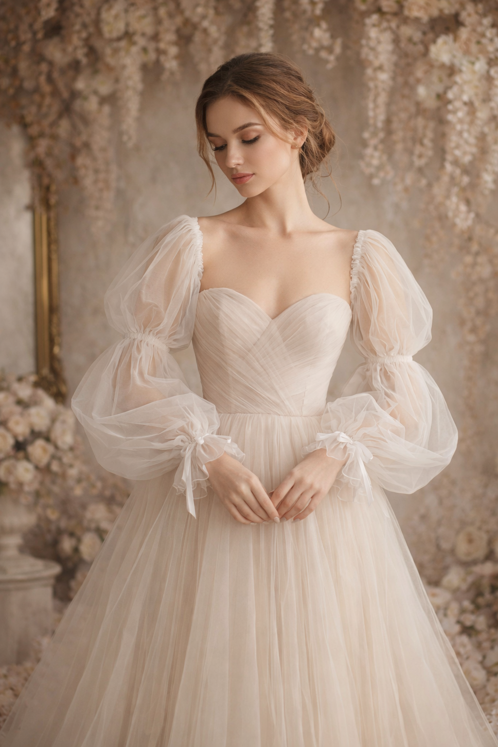 Woman wearing a elegant white wedding dress with sheer sleeves in a floral setting