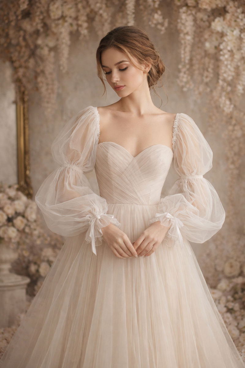 Woman wearing a elegant white wedding dress with sheer sleeves in a floral setting