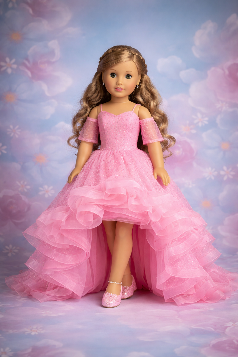 Doll in a pink dress against a pastel floral background