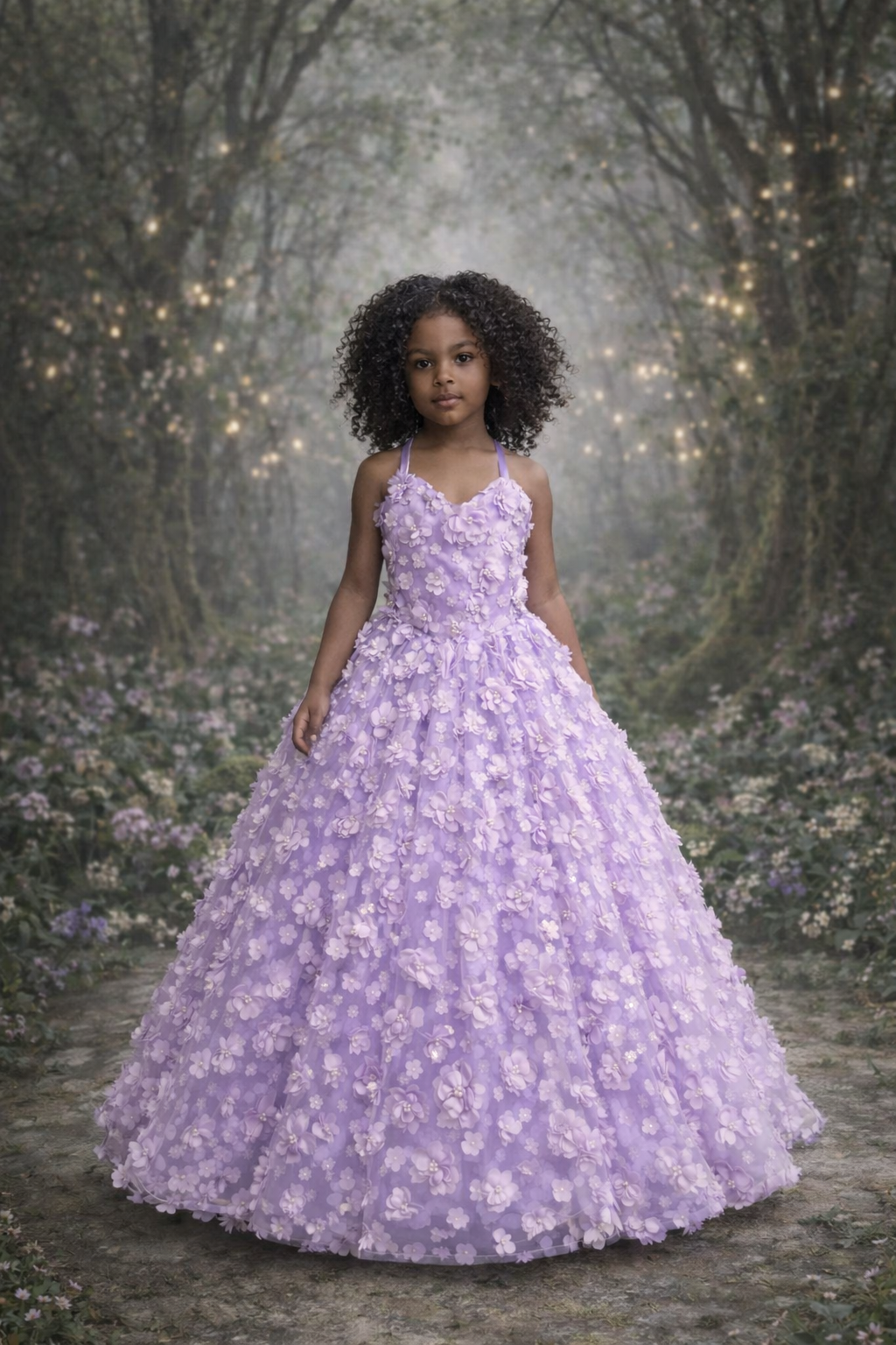 Young girl in a lavender floral dress standing in a mystical forest setting.