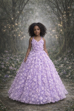Young girl in a lavender floral dress standing in a mystical forest setting.