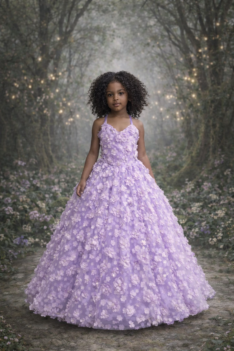 Young girl in a lavender floral dress standing in a mystical forest setting.