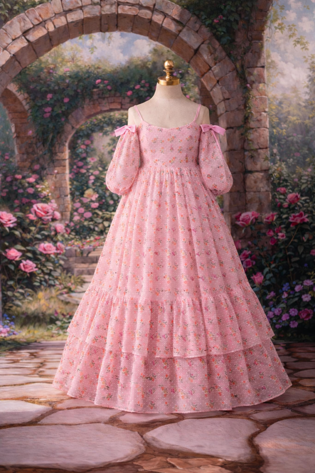 Pink floral dress on a mannequin against a scenic garden backdrop