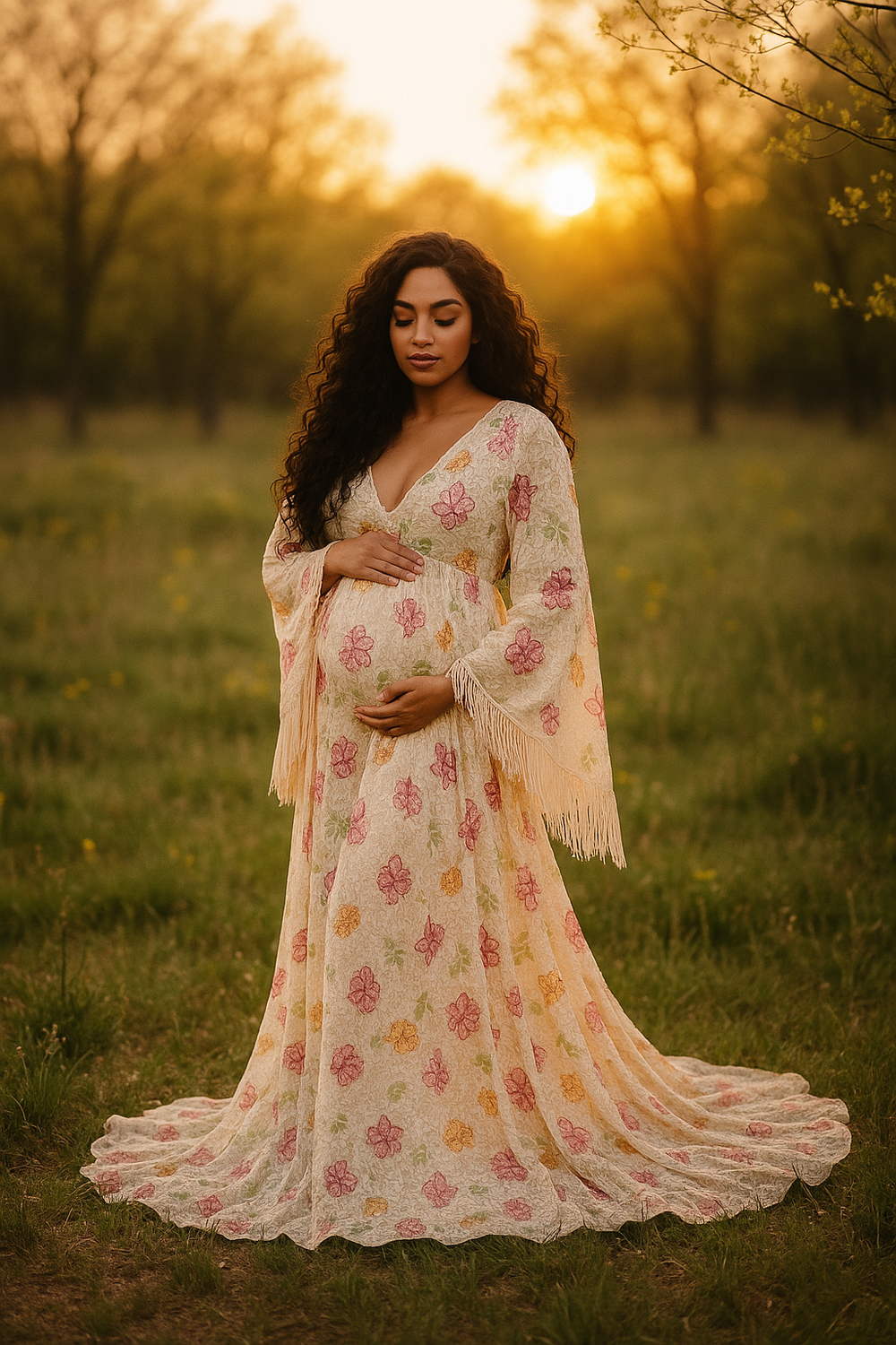 Pregnant woman in a floral dress standing in a field at sunset