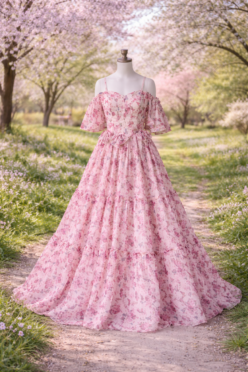 Mannequin wearing a pink floral dress in a cherry blossom garden