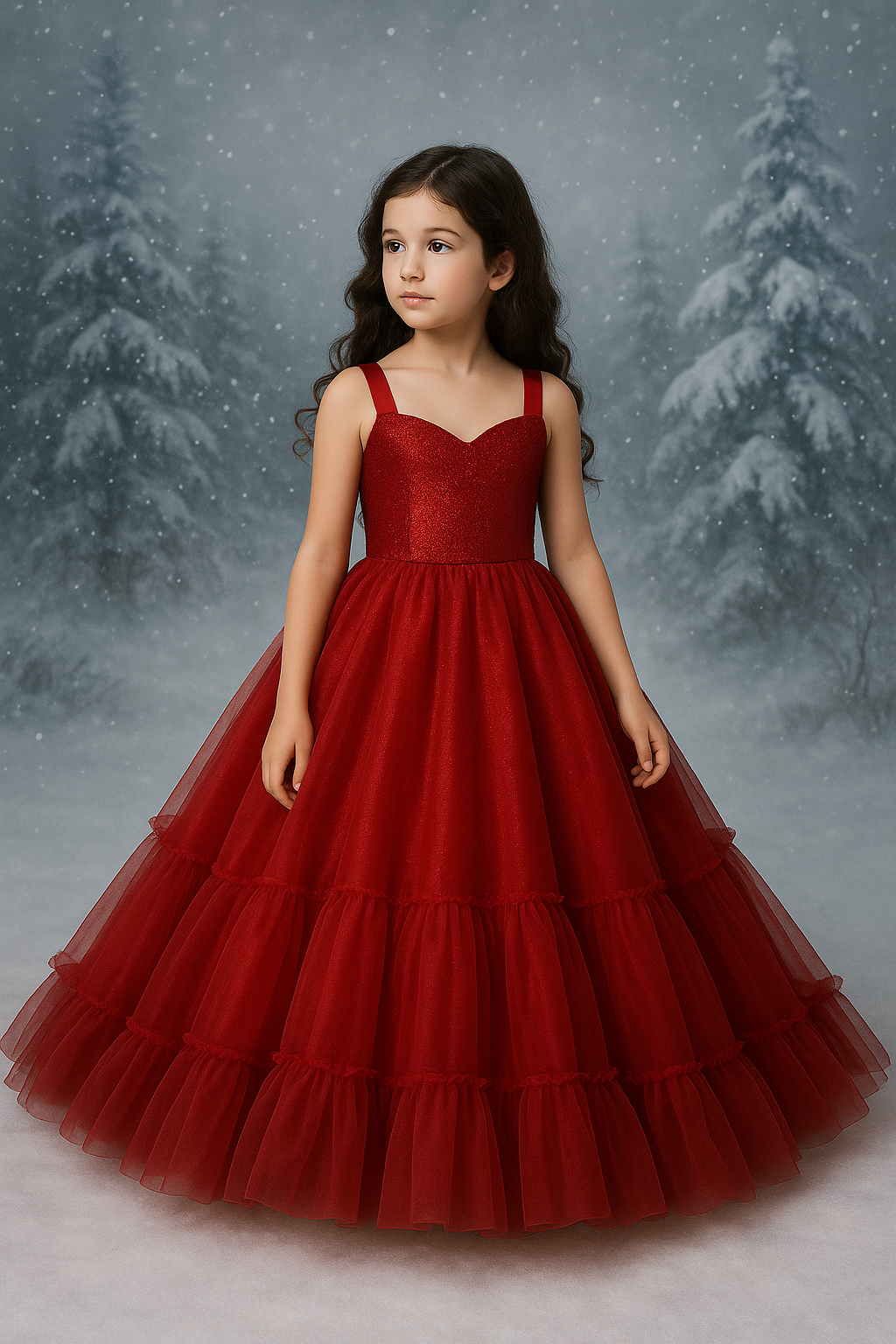 Young girl in a red dress standing in a snowy forest
