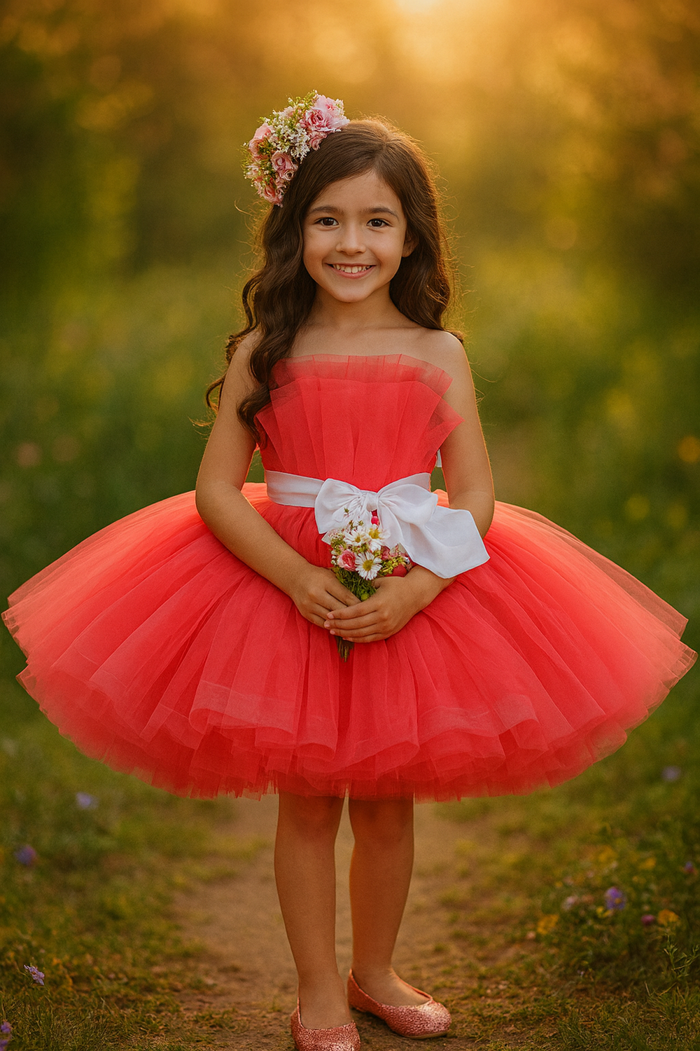 Young girl in a red dress with a white belt standing in a sunlit field.