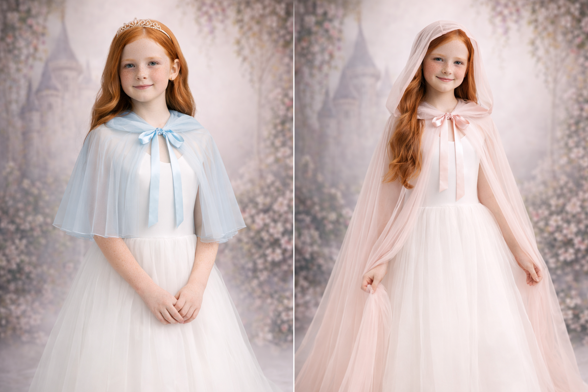 Two images of a girl in a white dress with a blue cape and a pink cape, standing in front of a castle-like background.