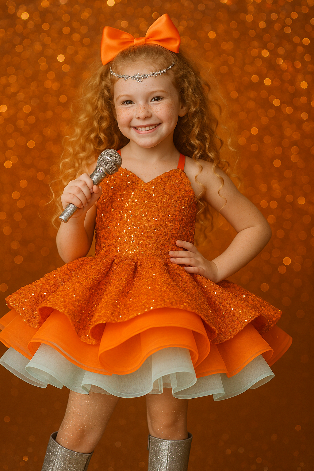 9-year-old girl wearing Sparkling Starlet Couture Dress in orange sequins with layered tulle skirt, posing with glitter microphone.