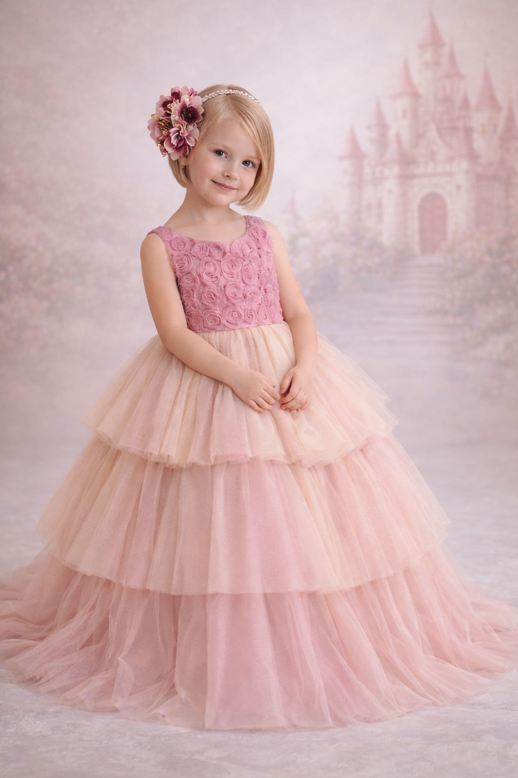 Young girl in a pink dress with a castle in the background