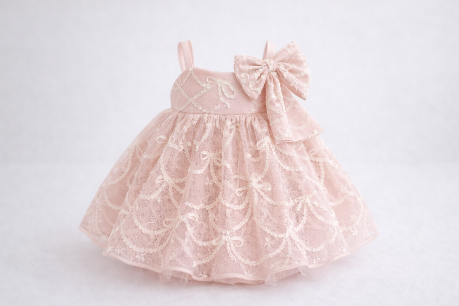 Pink Parlor Vintage-Length Gown Baby Dress/Sitter Size + Detachable Bow (Newborn – 0-3 months)