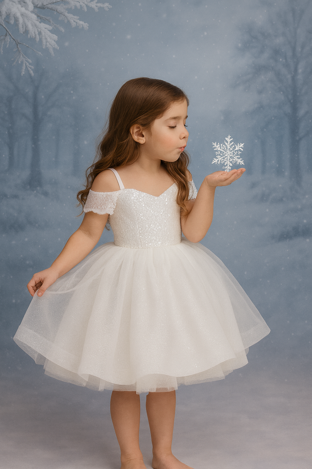 Young girl in a white dress holding a snowflake against a snowy forest background