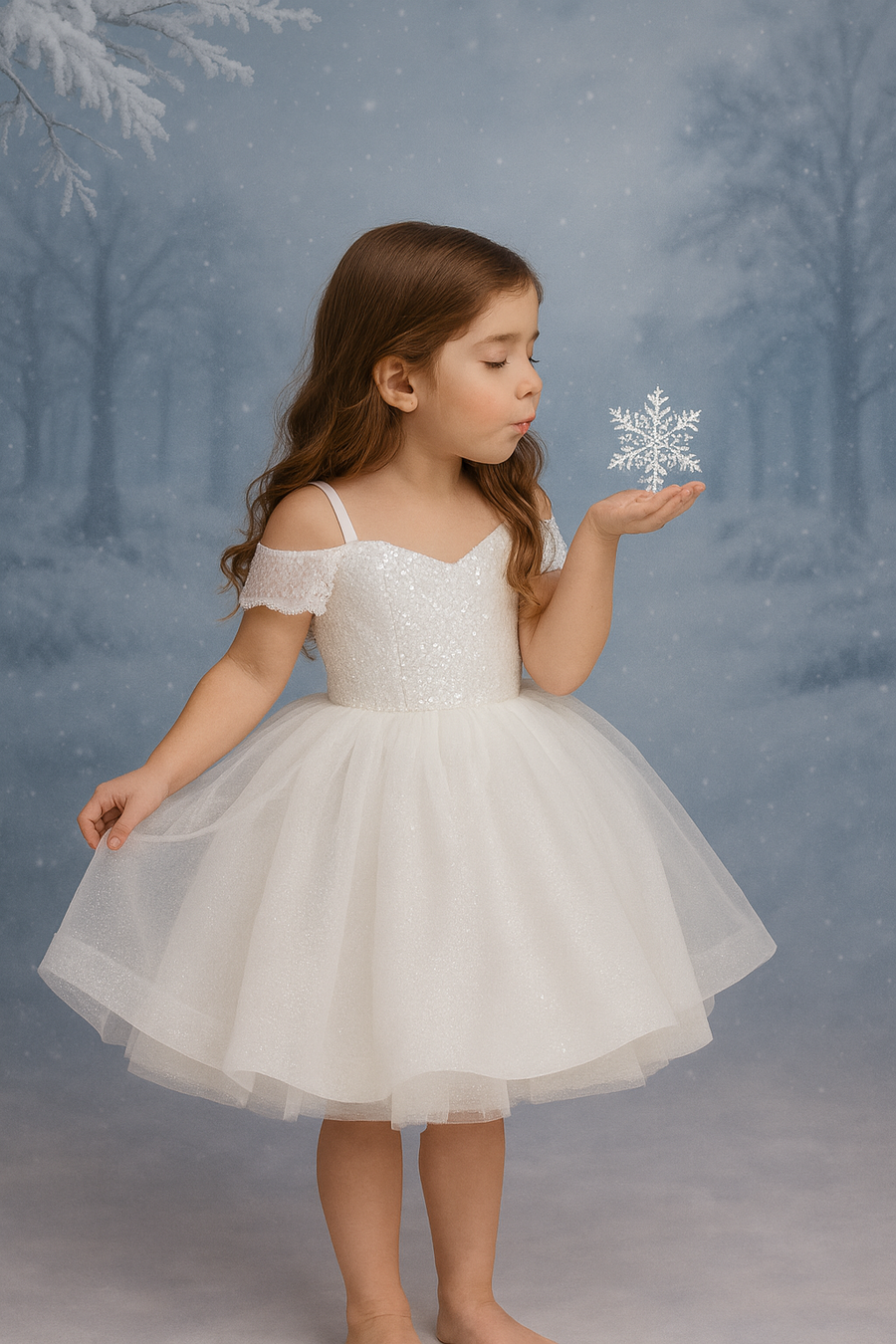 Young girl in a white dress holding a snowflake against a snowy forest background