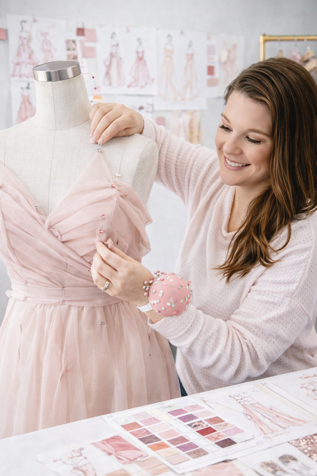Woman adjusting a dress on a mannequin in a design studio with color swatches.