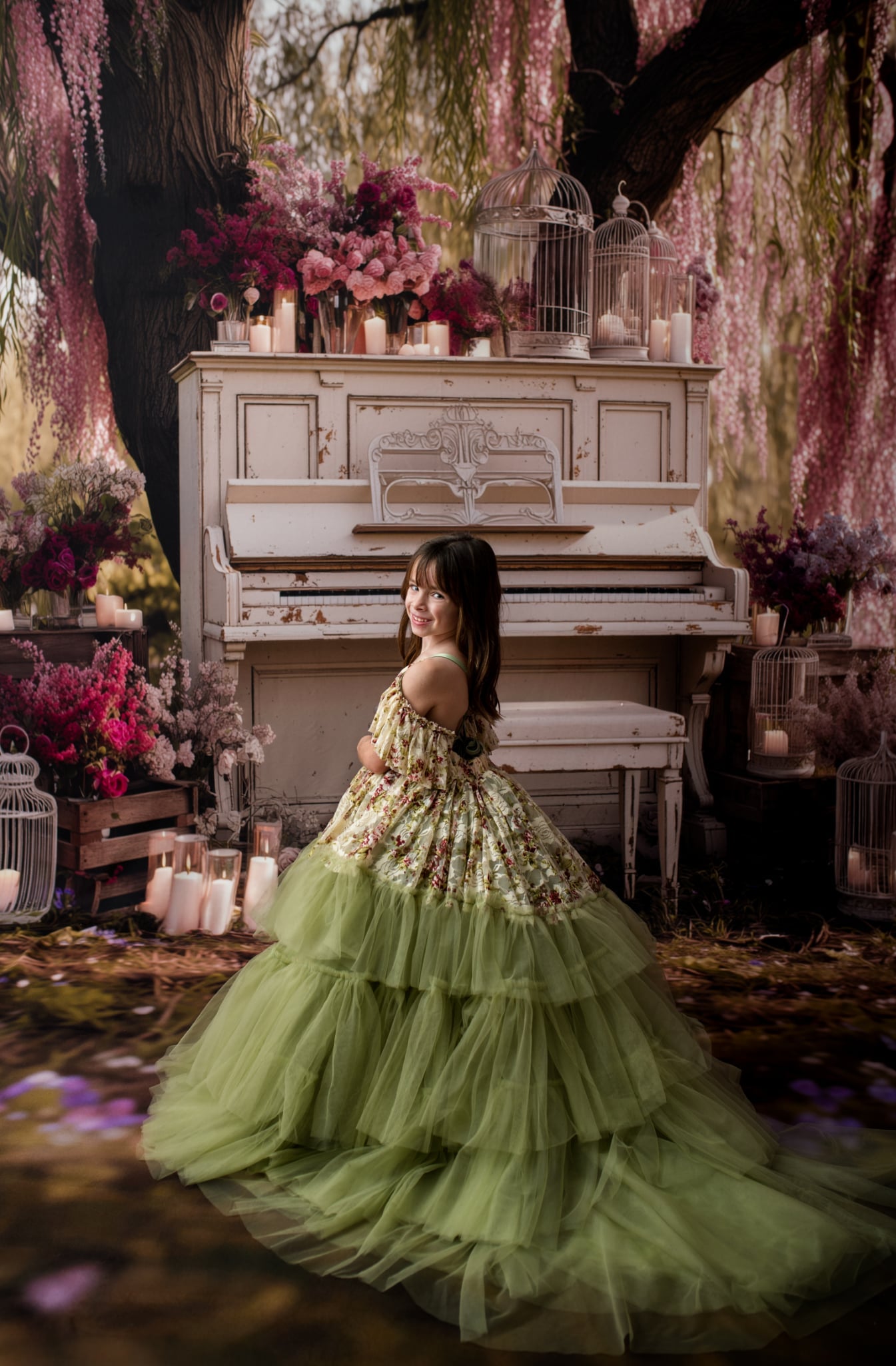 Child-size luxury gown displayed for product photography with floral bodice, sage satin straps, and layered tulle skirt.