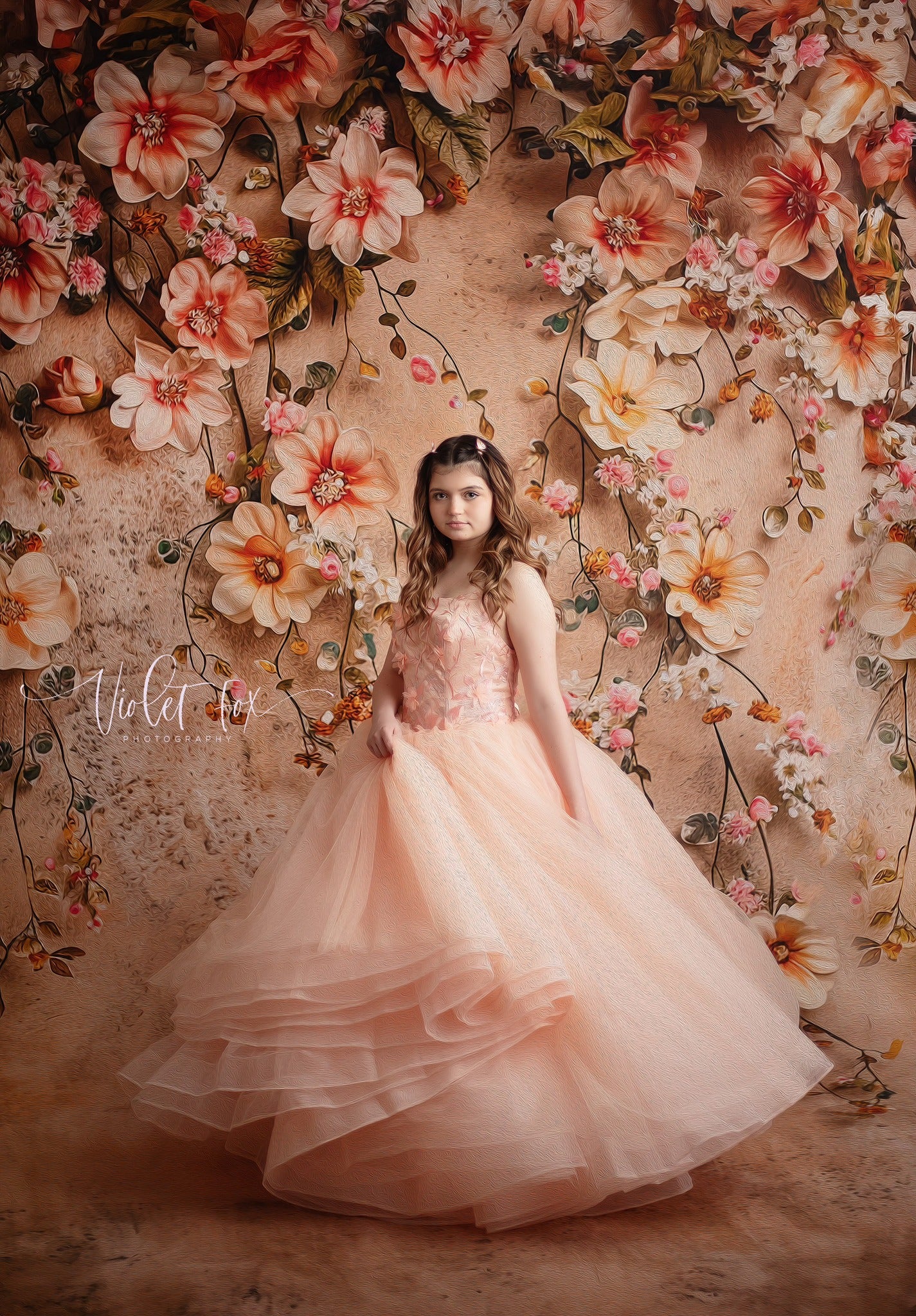 peach dress used with a FANCY PROPS AND BACKDROPS backdrop - teen photography session