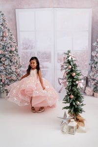 "The Anastasia gown displayed in a studio setting, emphasizing its intricate details and shimmering embellishments."

