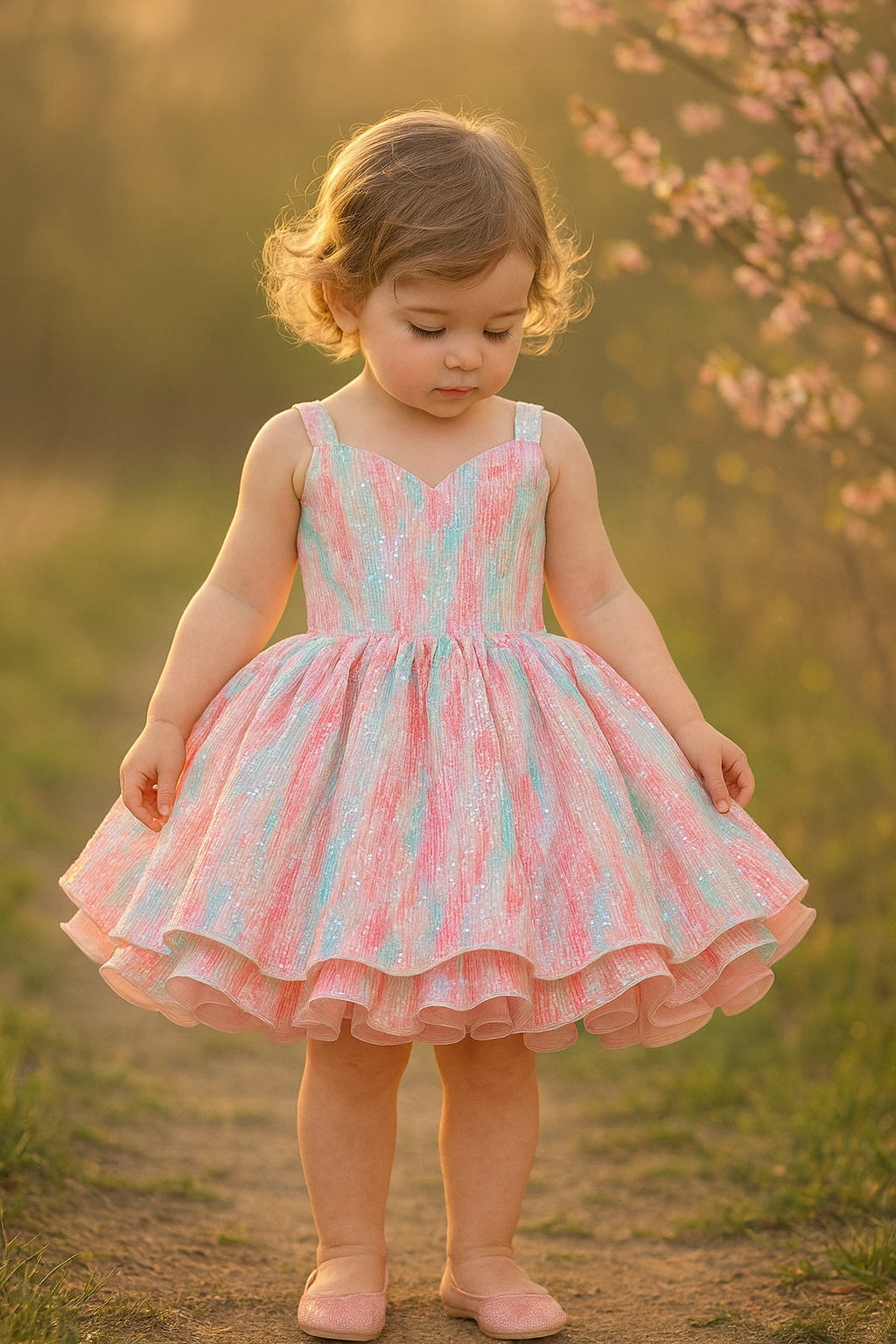 Young girl in a pink and blue dress standing in a field with cherry blossoms.
