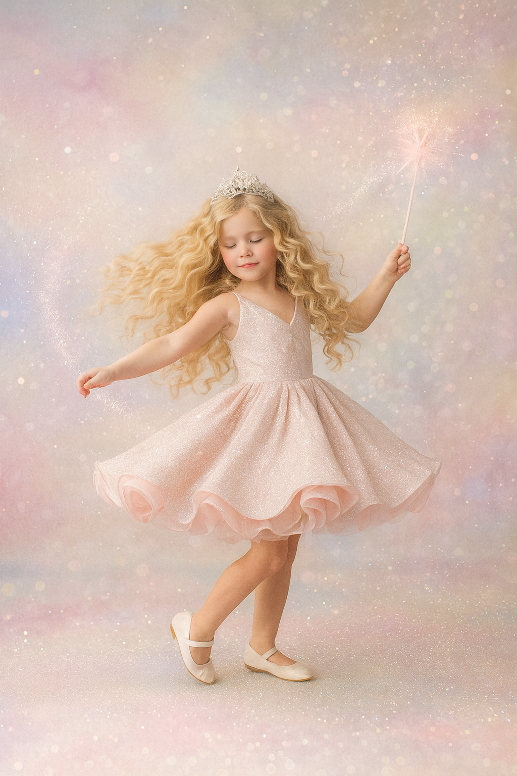 Young girl in a pink dress with a tiara and sparkler against a pastel background