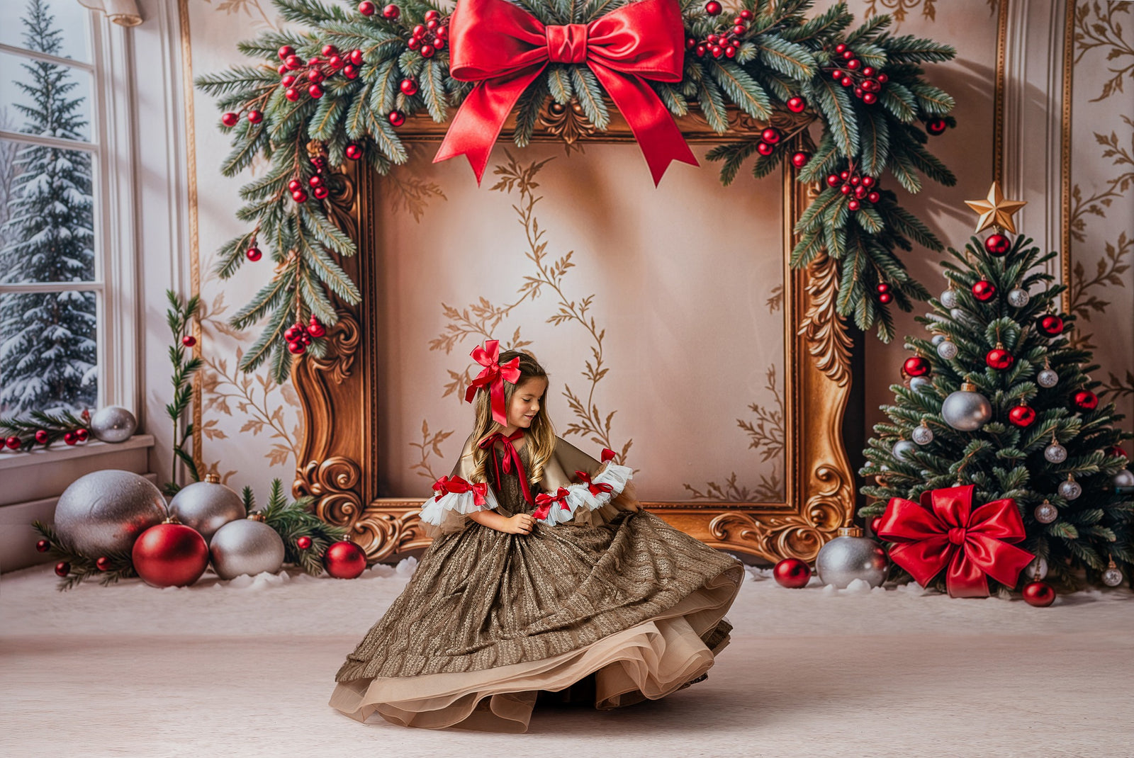 "Front view of a luxury girls’ dress with intricate jacquard texture and soft tulle bows, styled for a milestone session."

