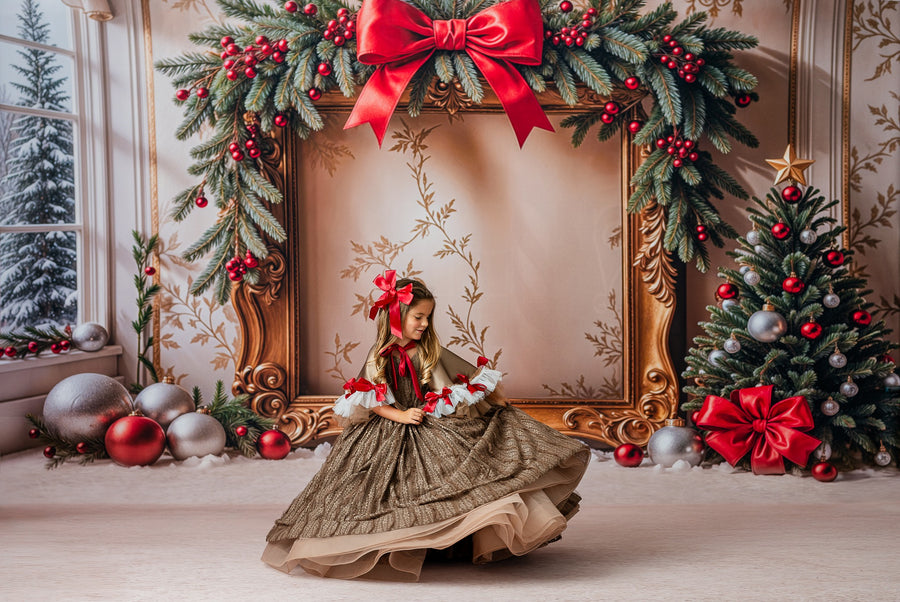 "Front view of a luxury girls’ dress with intricate jacquard texture and soft tulle bows, styled for a milestone session."

