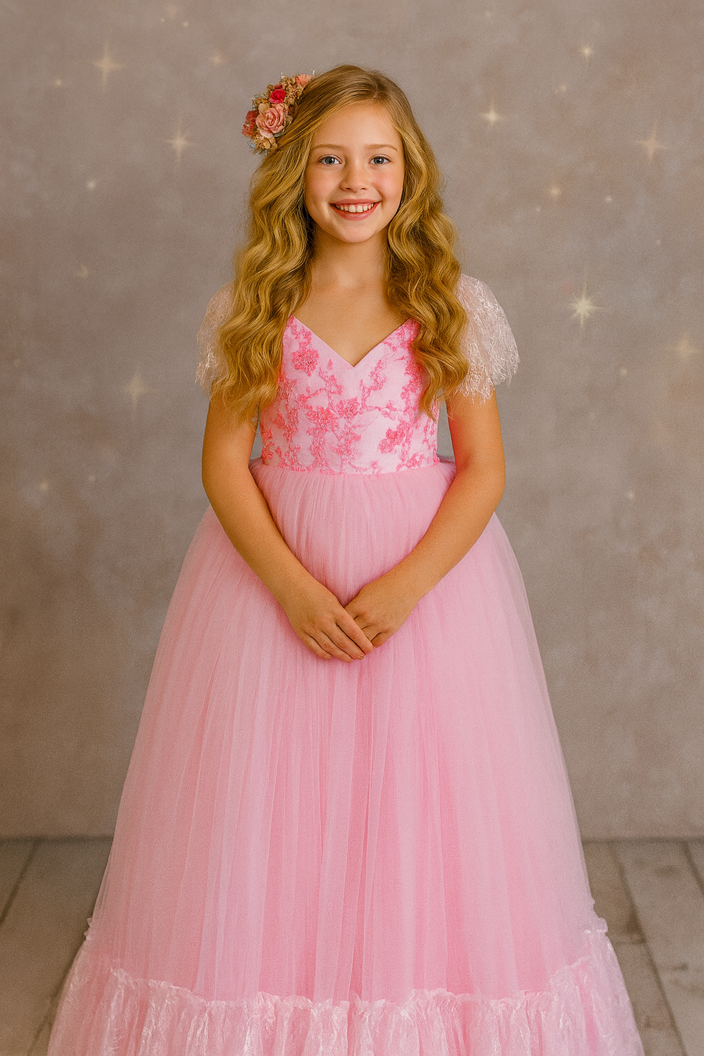 Young girl in a pink dress with floral accents against a neutral background