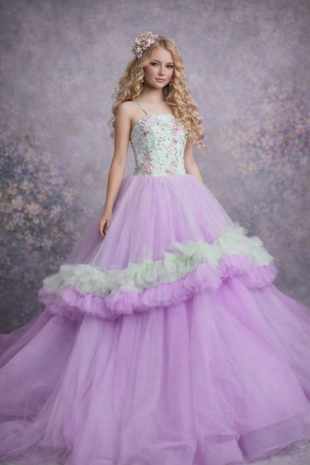 Woman wearing a purple and green gown with floral details against a floral background