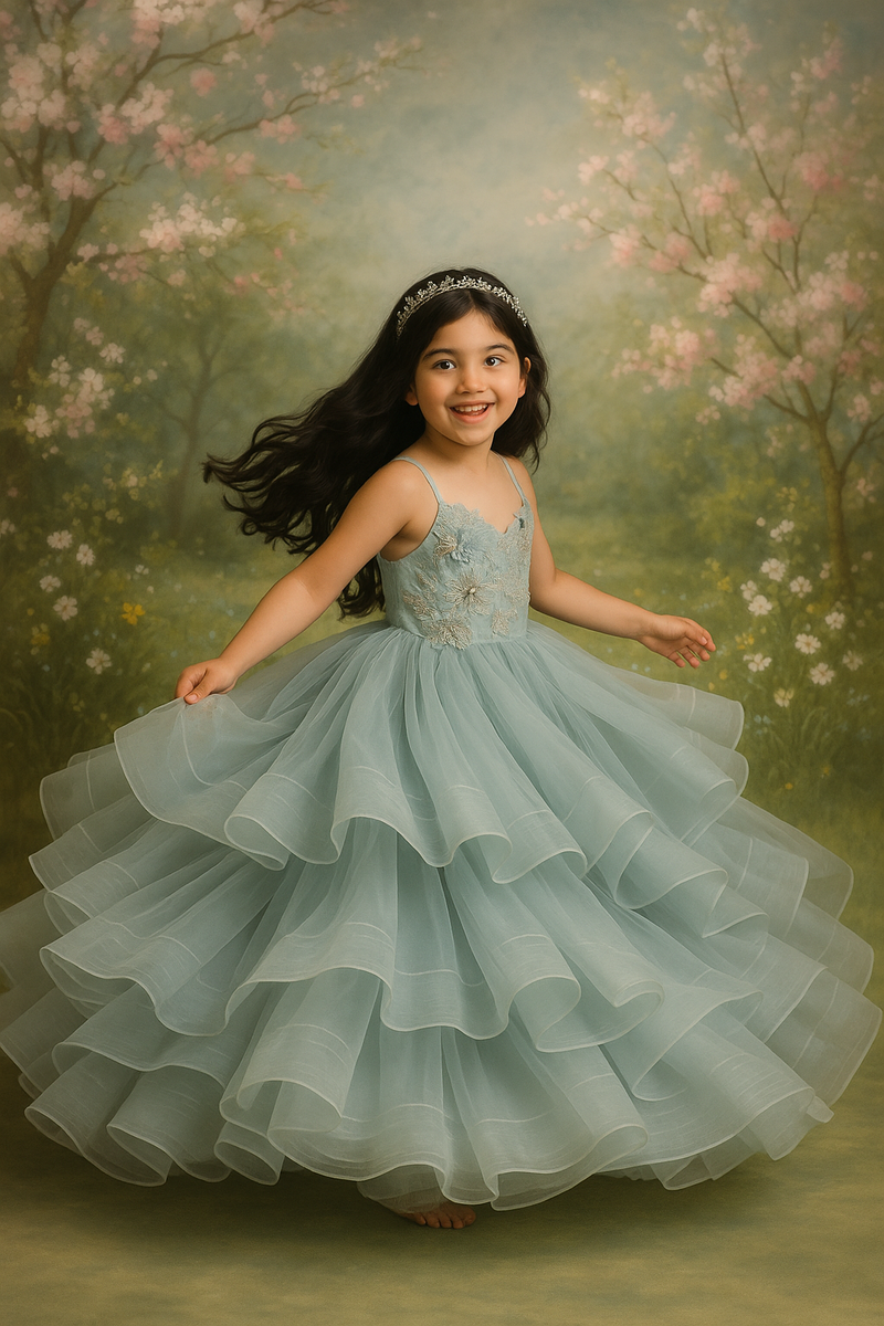 Young girl in a light blue dress with floral details standing in a garden with cherry blossom trees.