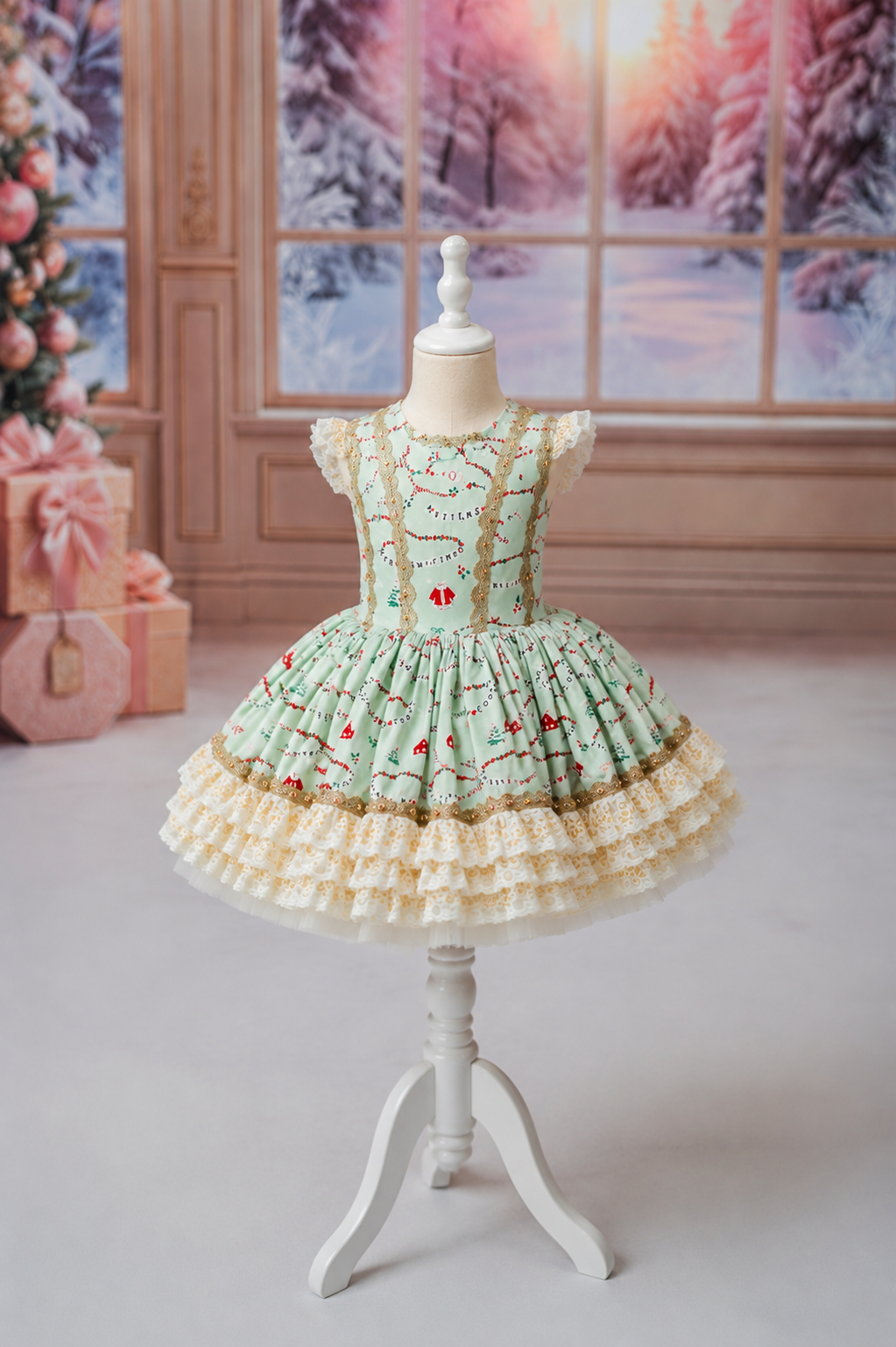 A light mint green children's dress with a whimsical embroidered pattern and cream ruffles, displayed on a white dress form mannequin in a decorated room with a winter window backdrop.