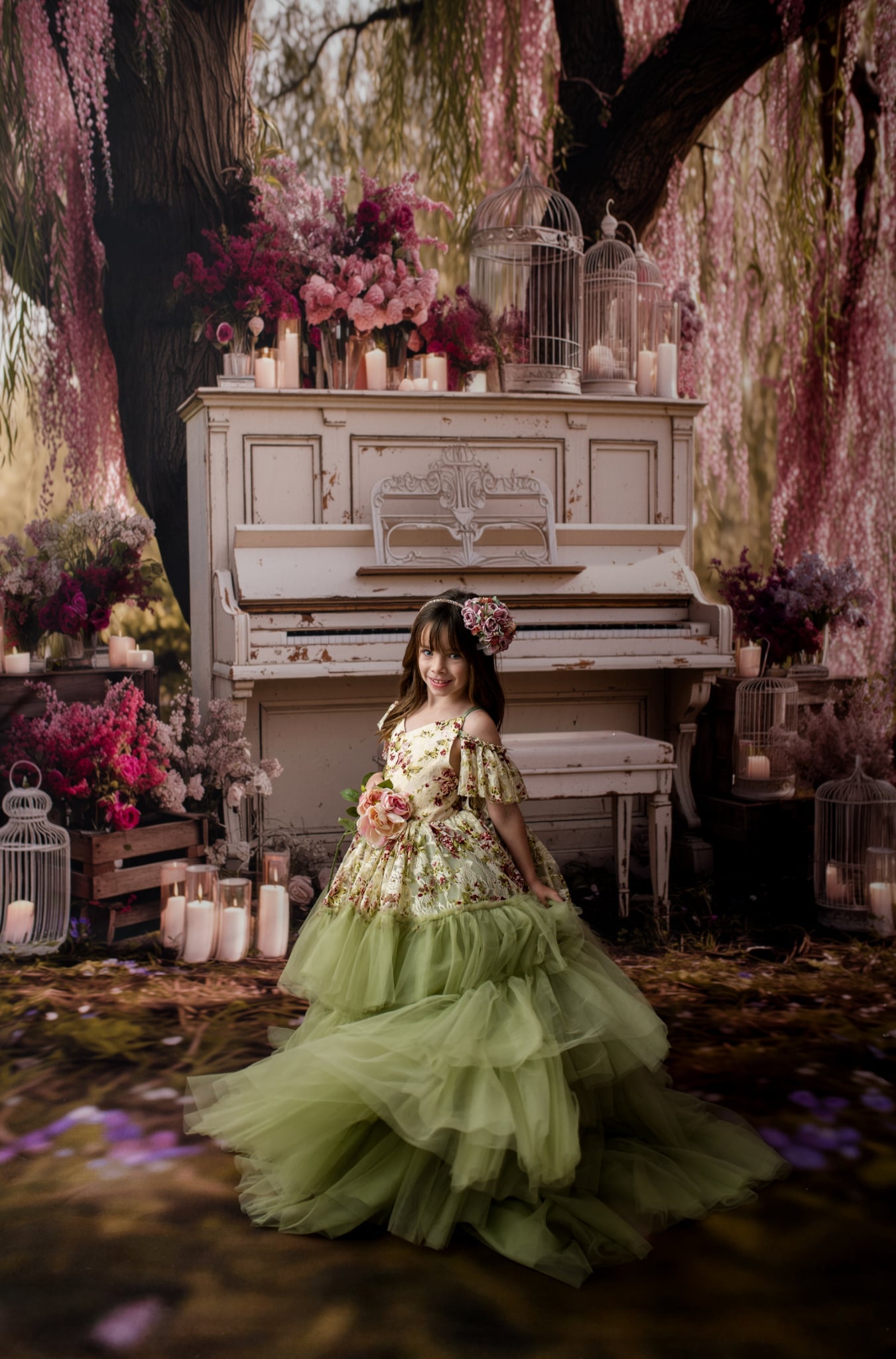 Fine-art product image of child gown with floral bodice and tiered sage tulle skirt on studio dress form.