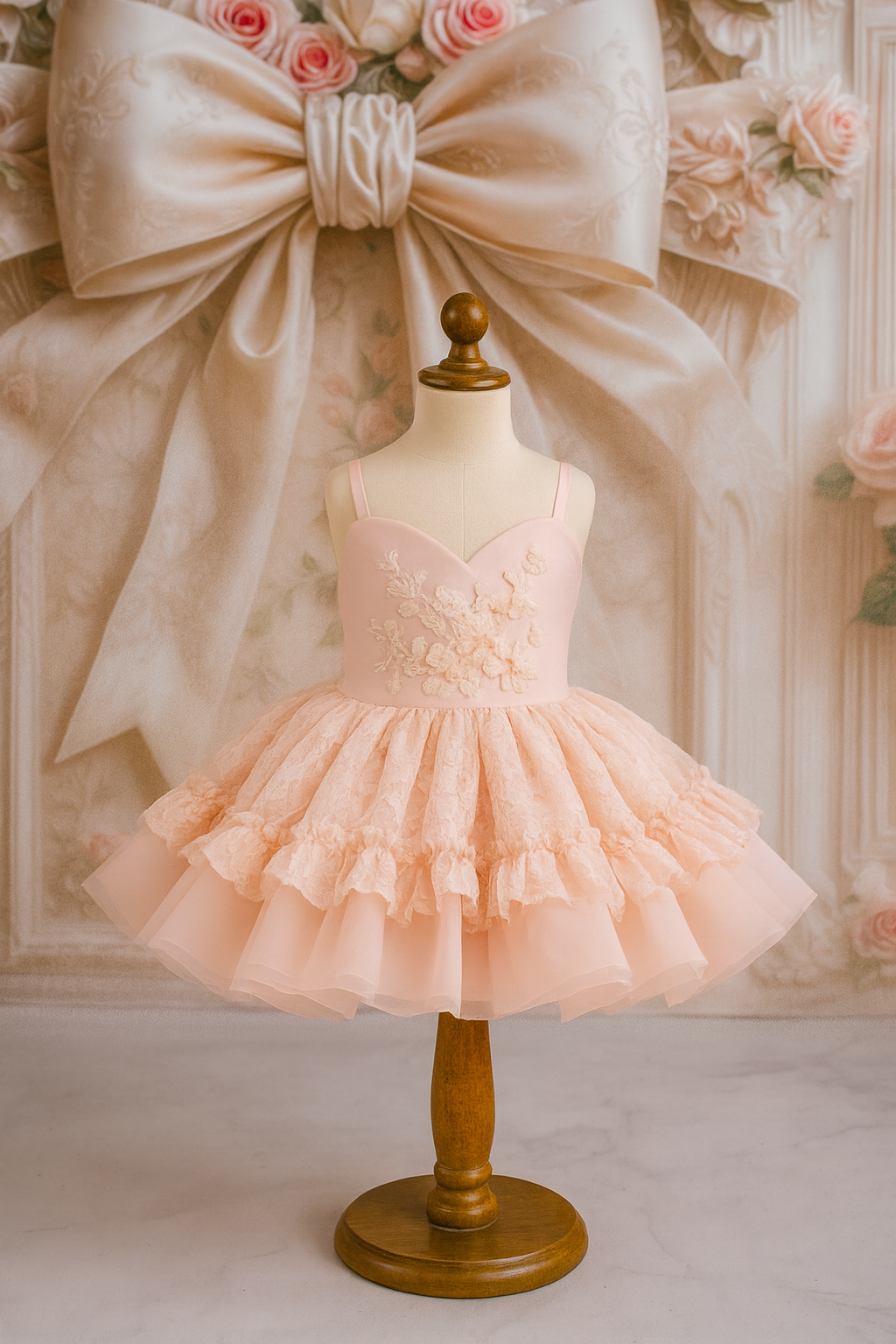 Pink dress on a mannequin with a large bow and floral decorations in the background