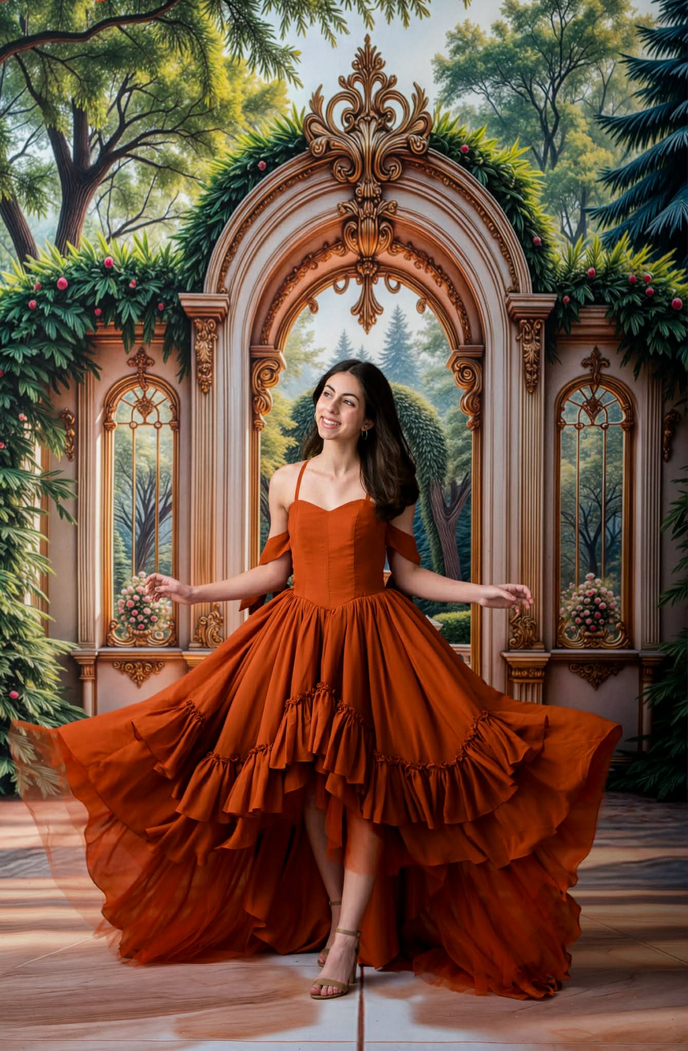 Woman in a rust-colored dress standing in front of an ornate archway with greenery.
