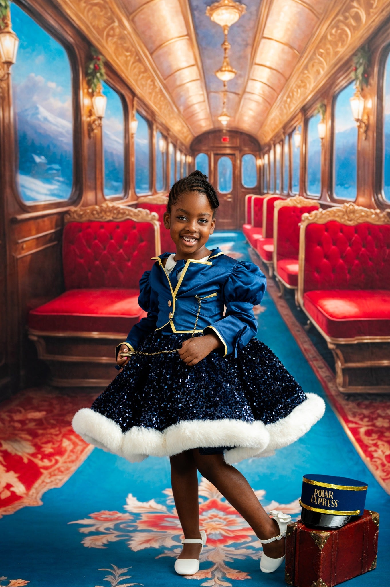 Young girl in a blue dress with white fur trim standing in an opulent train car with red seats and gold accents.