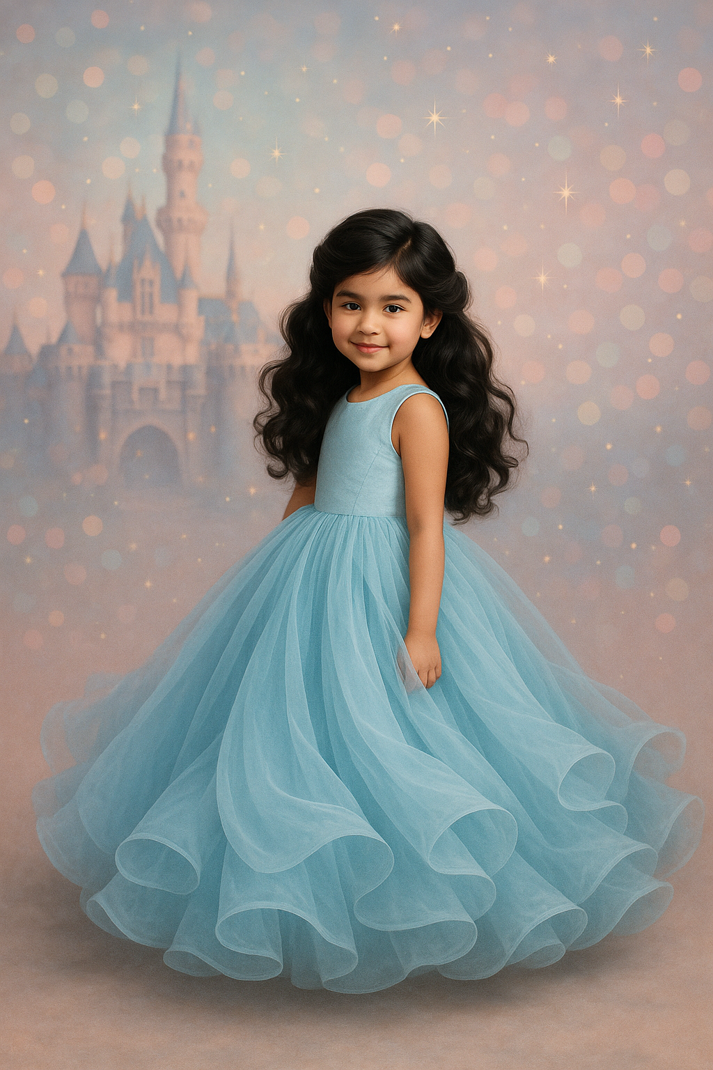 Young girl in a blue dress standing in front of a castle with a soft, blurred background