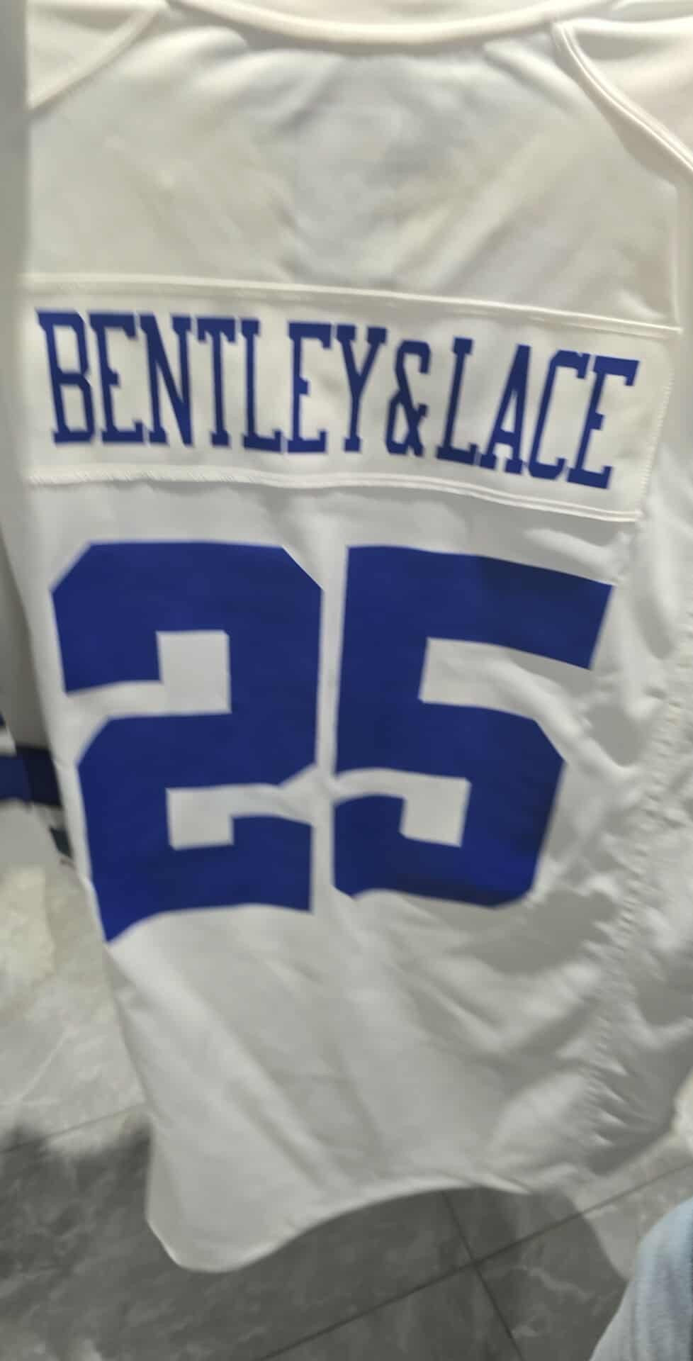 White sports jersey with 'Bentley & Lace' and number '25' on a white background