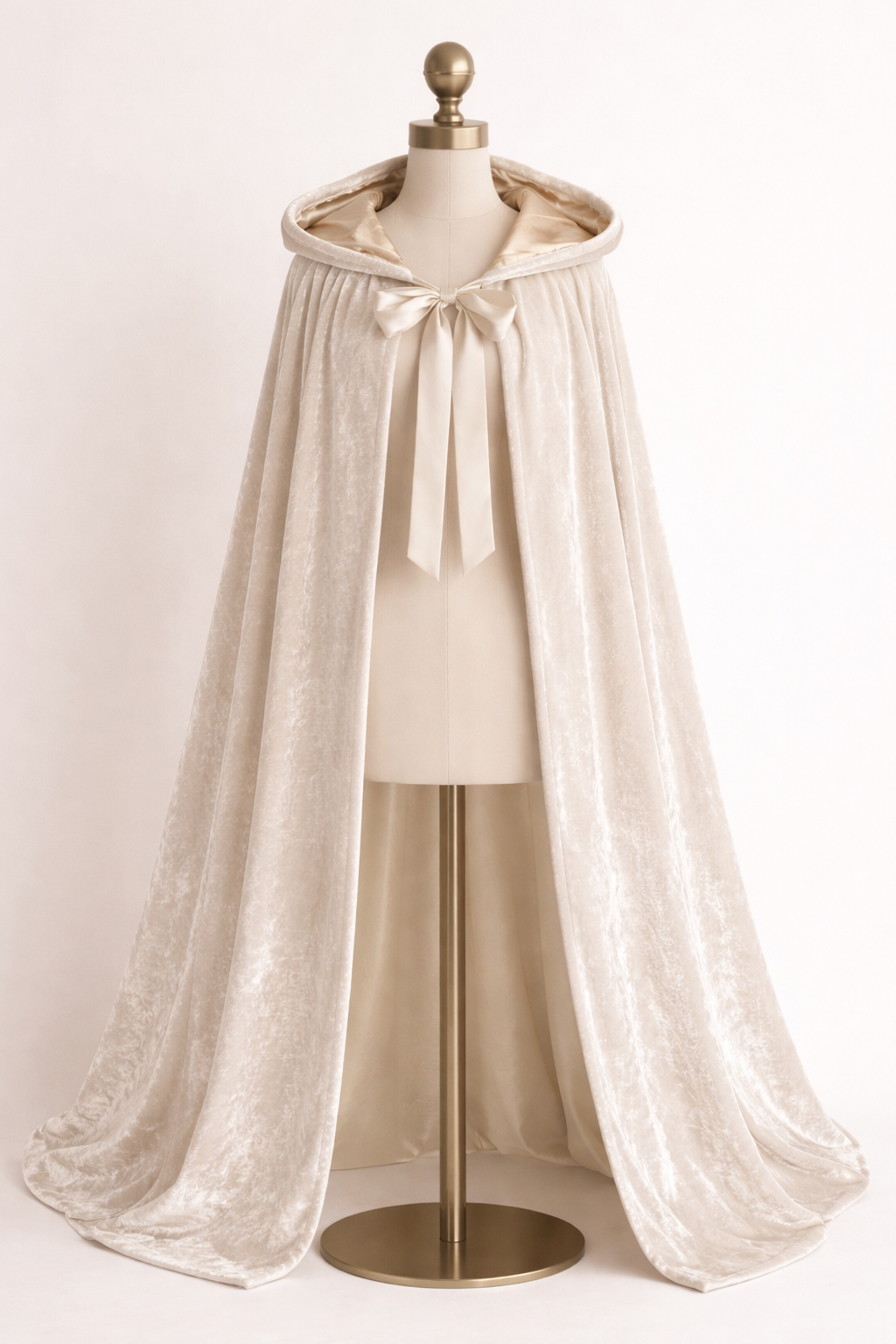 White lace cape on a mannequin against a plain background