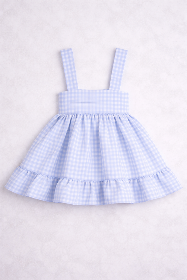 Blue checkered dress on a light gray background