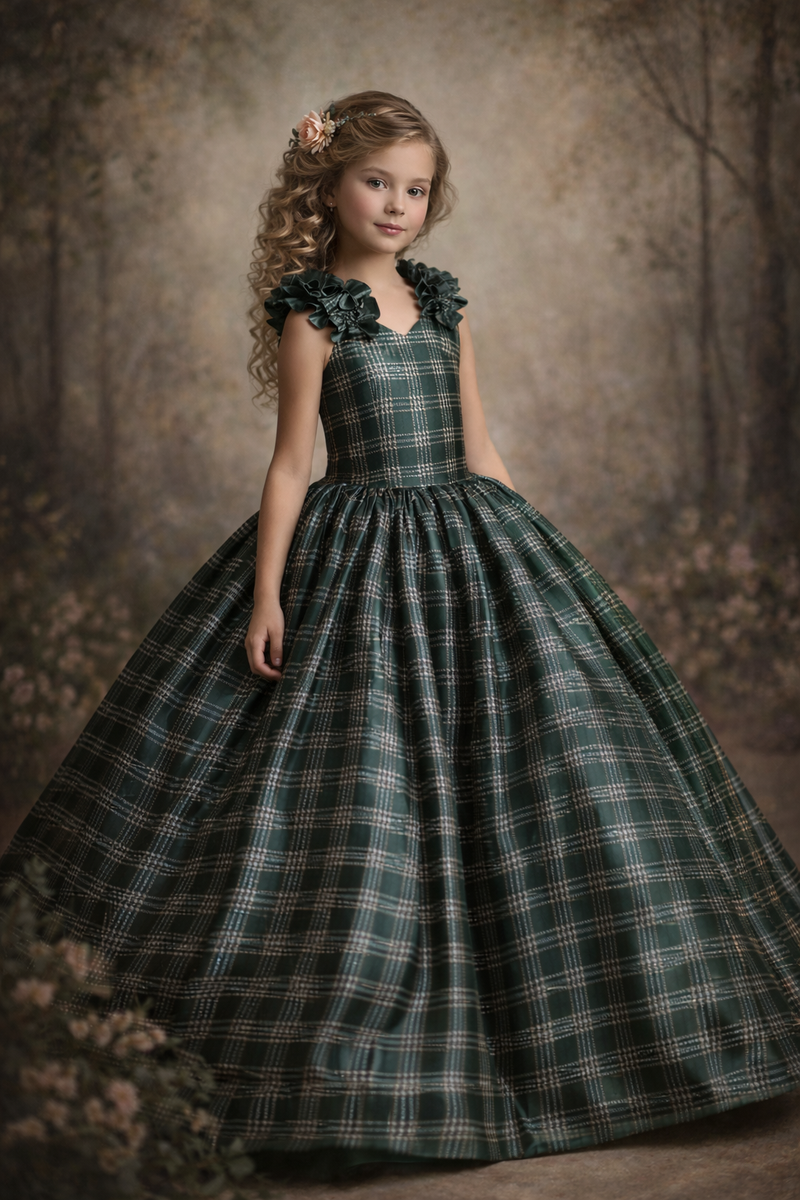 Young girl in a green plaid dress with floral details against a textured brown background