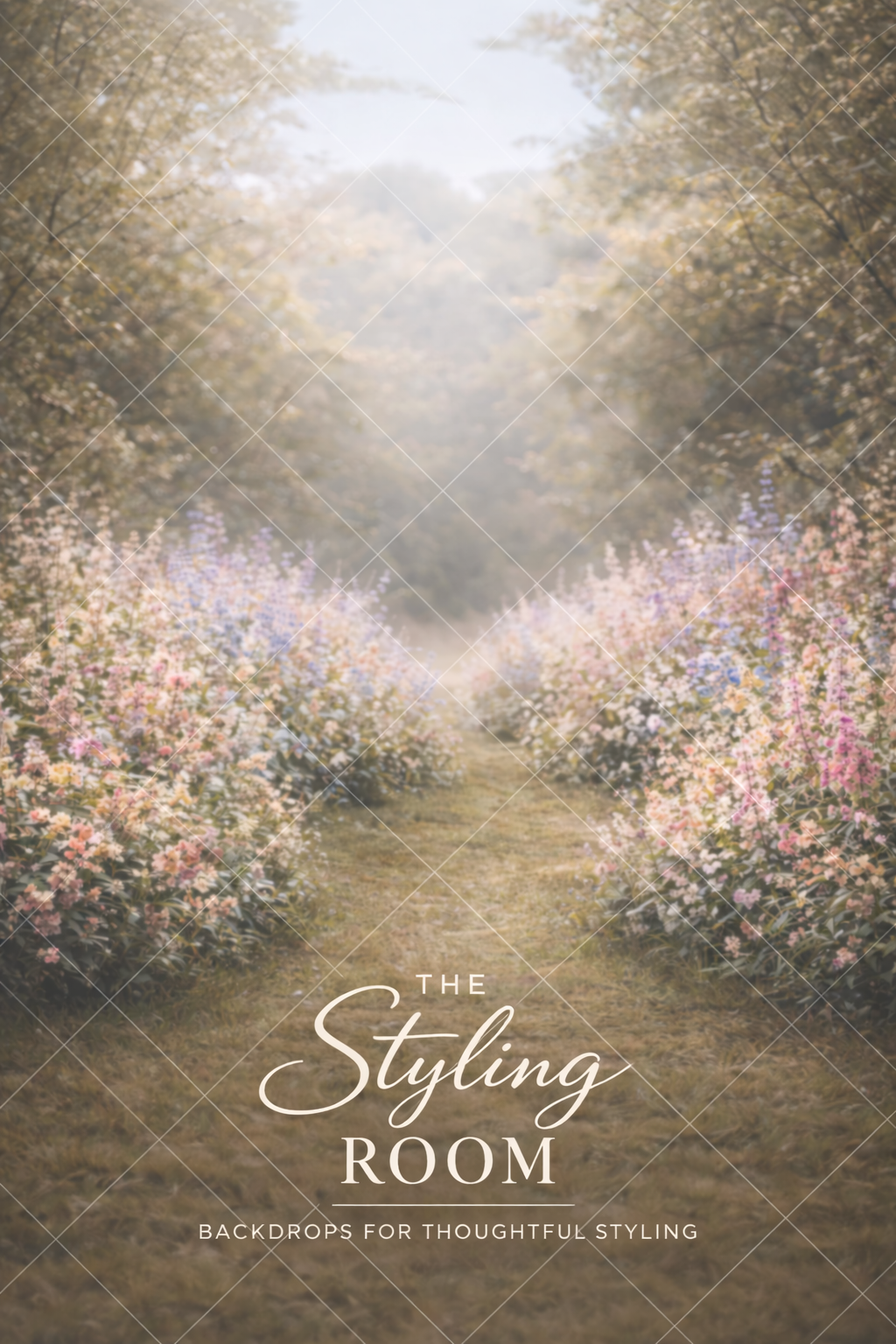 Pathway through a garden with flowers and trees, featuring 'The Styling Room' branding.