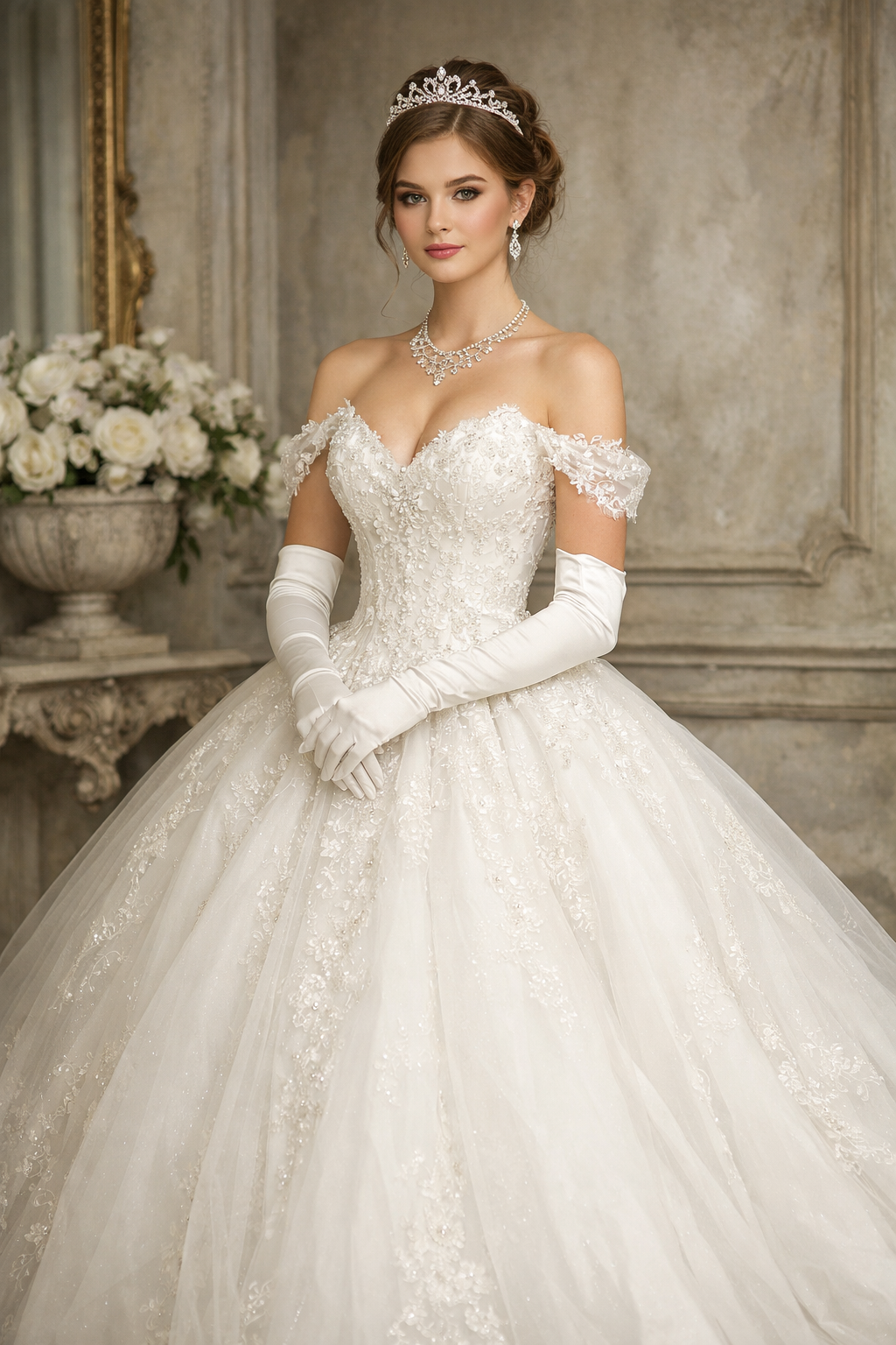 Woman in a white wedding dress with gloves and tiara in an elegant interior setting