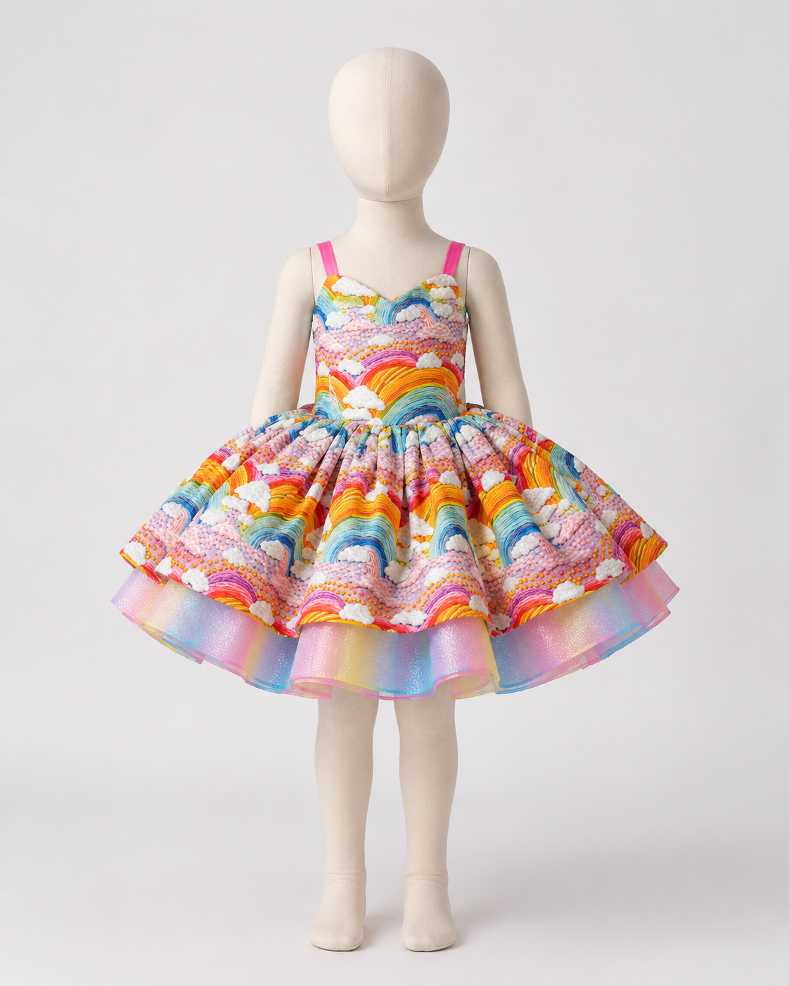 A toddler girl's sleeveless tutu dress with a colorful rainbow and cloud pattern, displayed on a cream mannequin against a light gray background.