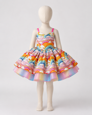 A toddler girl's sleeveless tutu dress with a colorful rainbow and cloud pattern, displayed on a cream mannequin against a light gray background.