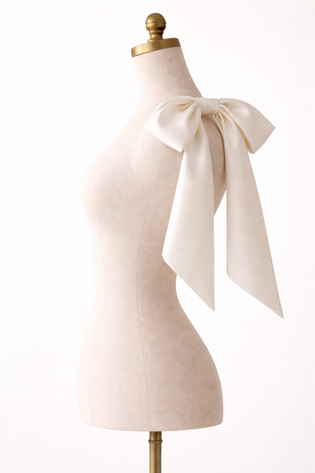 Mannequin wearing a cream-colored bow tie against a white background