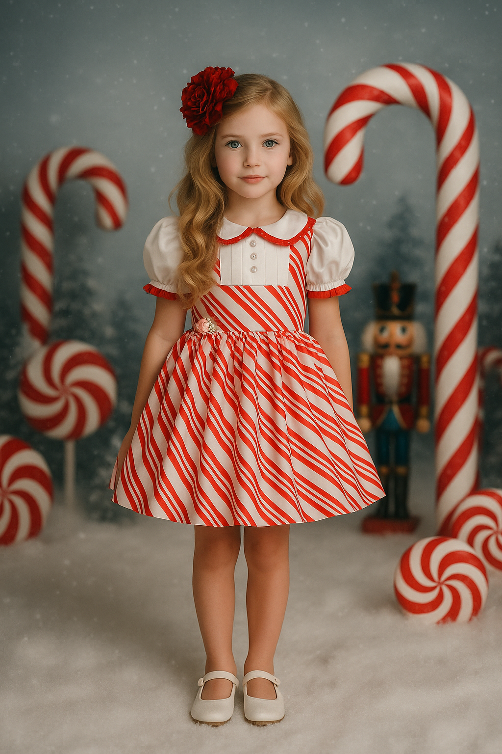 Young girl in a red and white striped dress standing in front of candy cane and lollipop decorations.