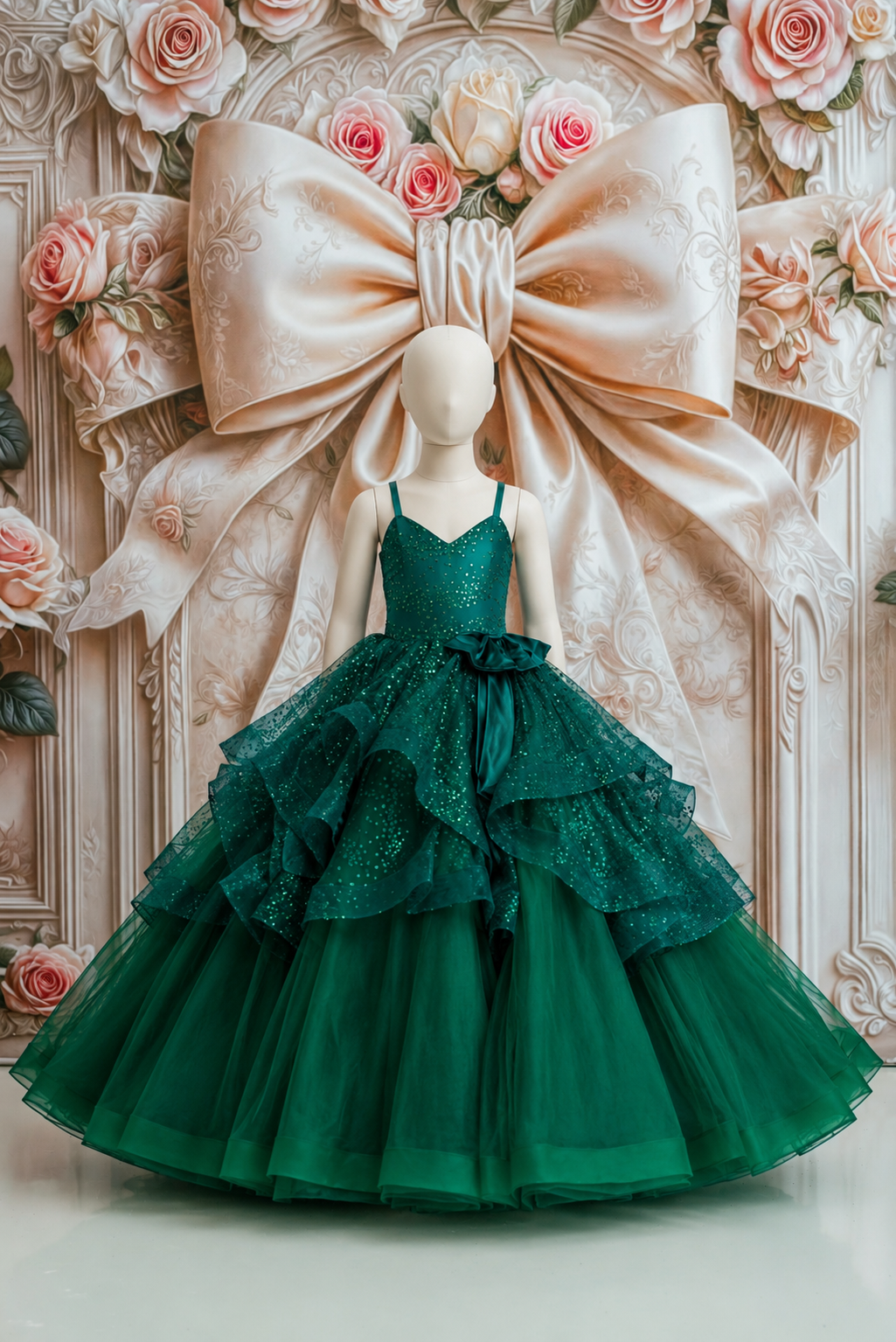 A formal ball gown displayed on a mannequin, featuring a deep V-neck bodice, thin spaghetti straps, a ruffled waist, and a voluminous tiered tulle skirt in emerald green. The background is a decorative cream-colored wall with a large satin bow and pink roses.