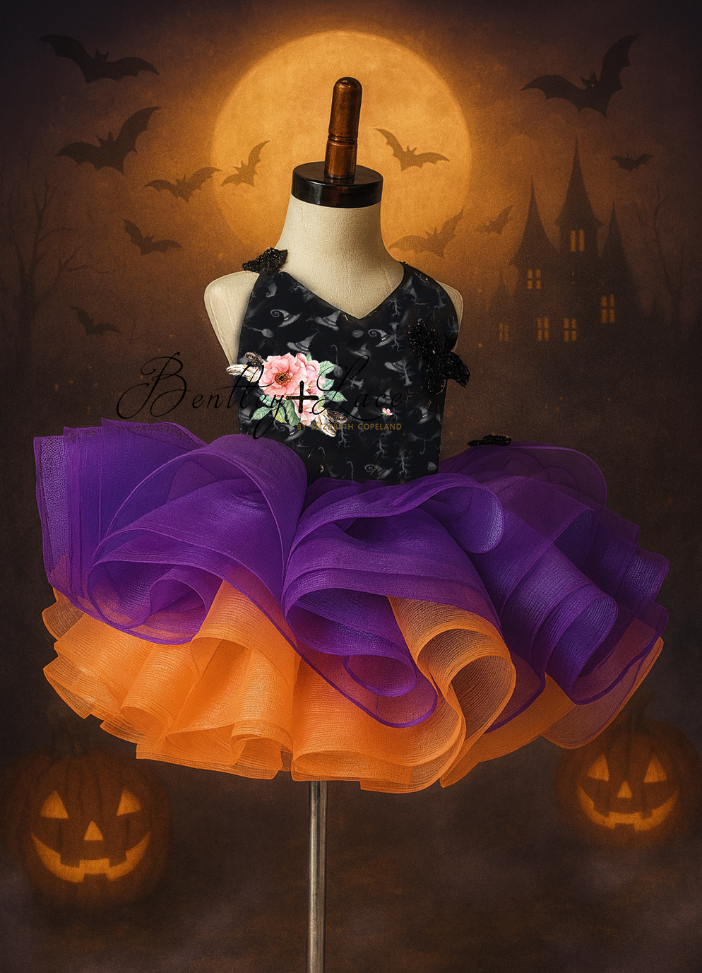 Pumpkin Moonlight Short Petal Dress , Cape, + Bow– Halloween Couture for Girls (4–5 Years)